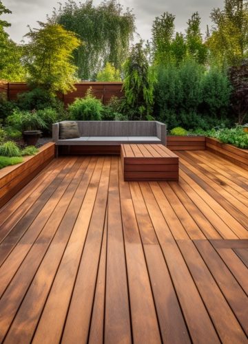 The exterior of a back garden patio area with wood decking. Generative AI technology